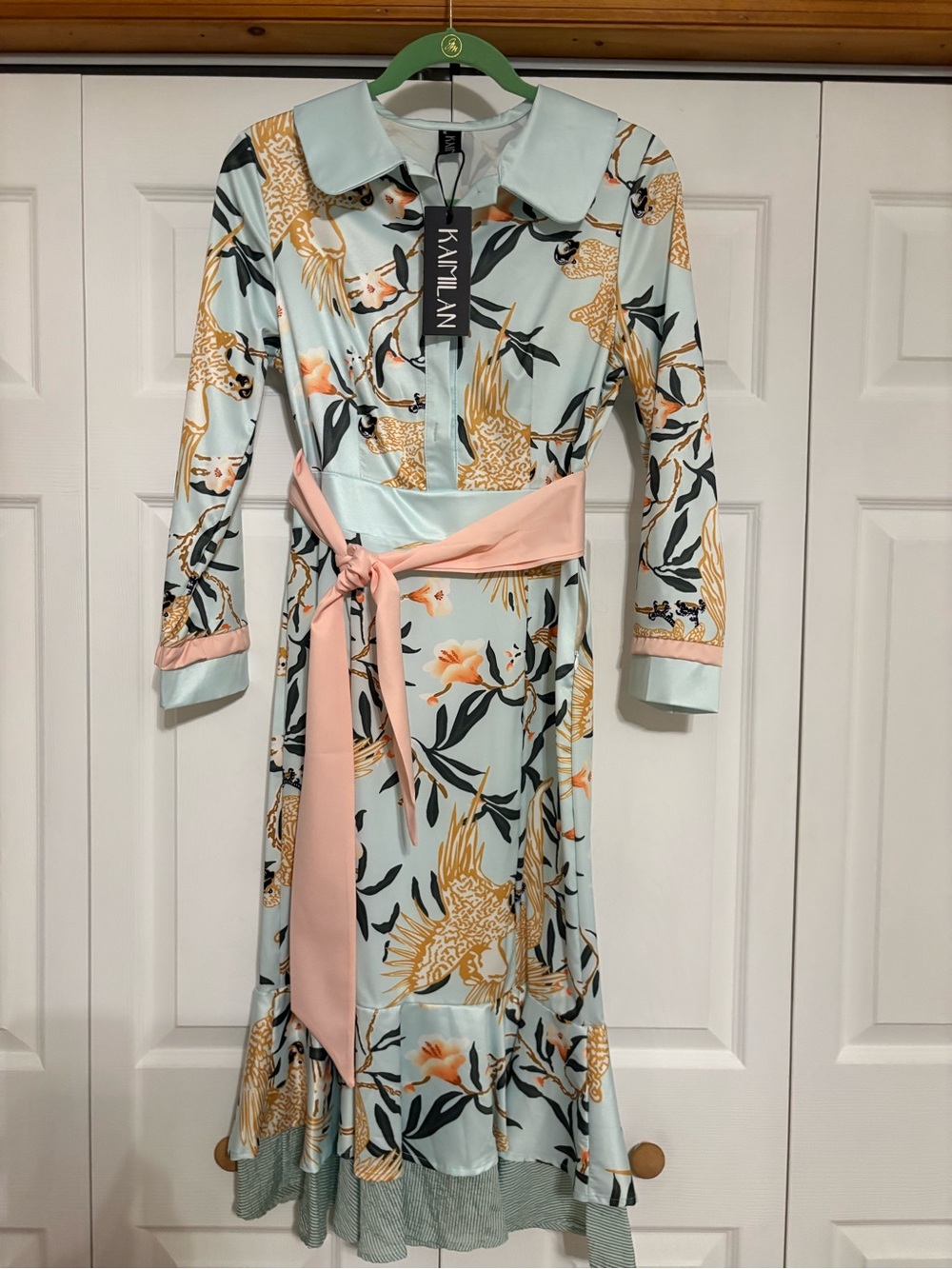 Kaimilan Floral Collared Midi Dress in Pale Blue and Pink